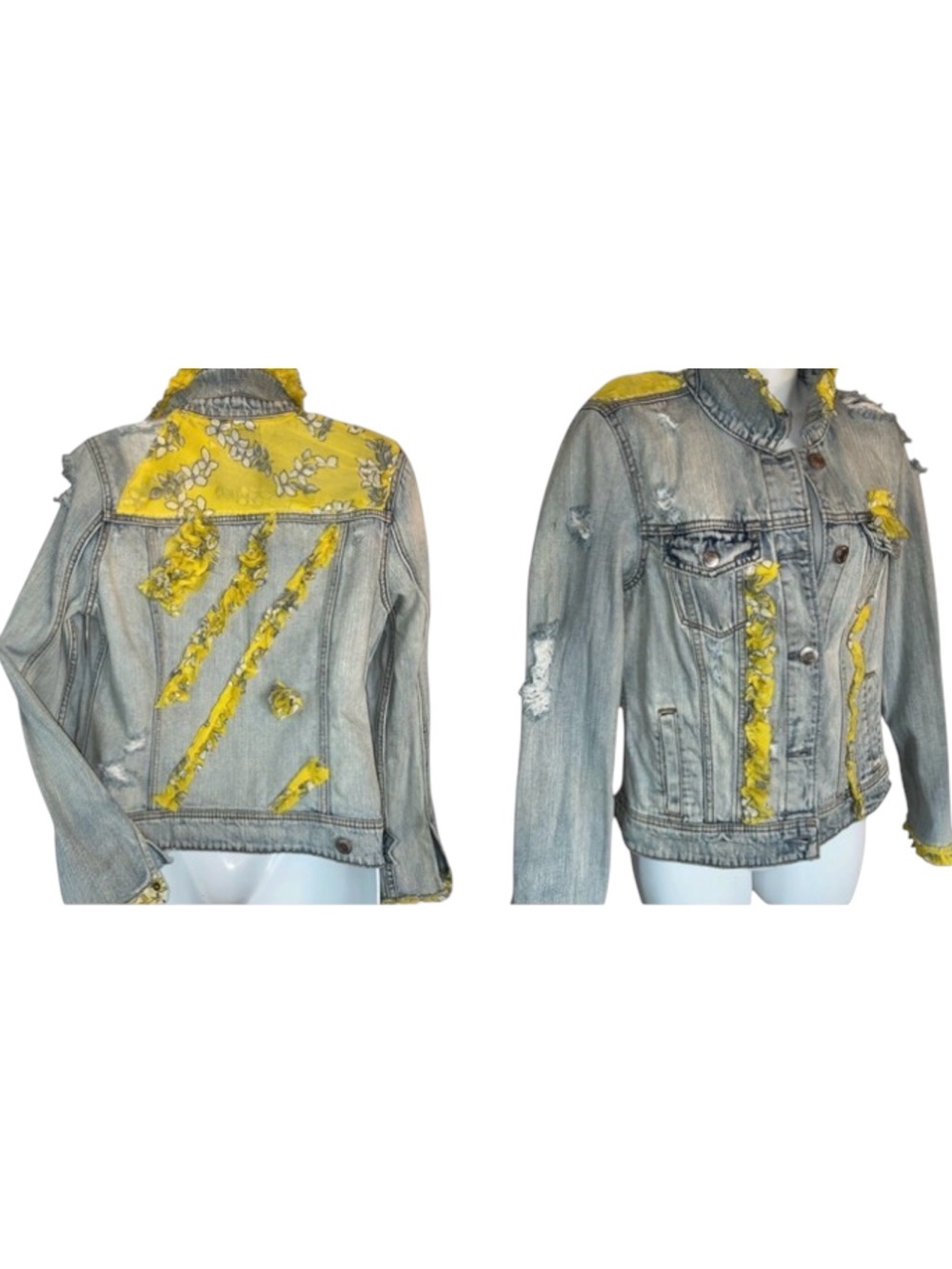 Ragamuffin Couture: embellished Denim Jacket women's M, yellow Floral ruffles - Picture 3 of 17